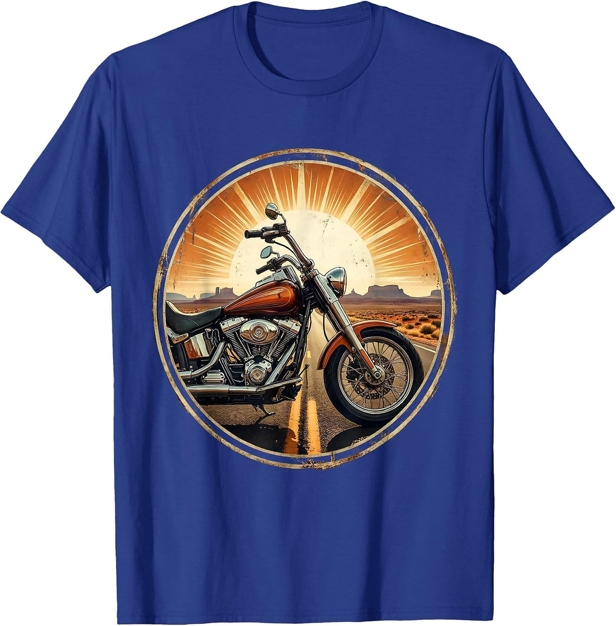 Men's Vintage Chopper Motorcycle Desert Highway Graphic T-Shirt - Royal Blue