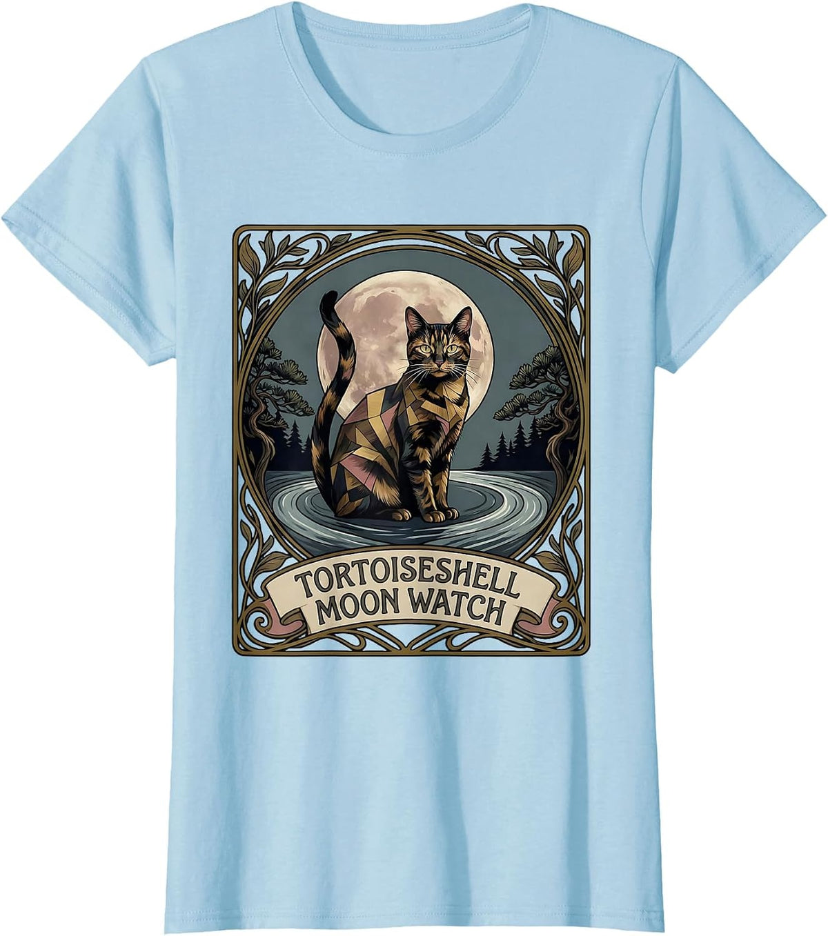 Tortoiseshell Moon Watch Art Nouveau 90s Retro Cat Lover T-Shirt - Baby Blue