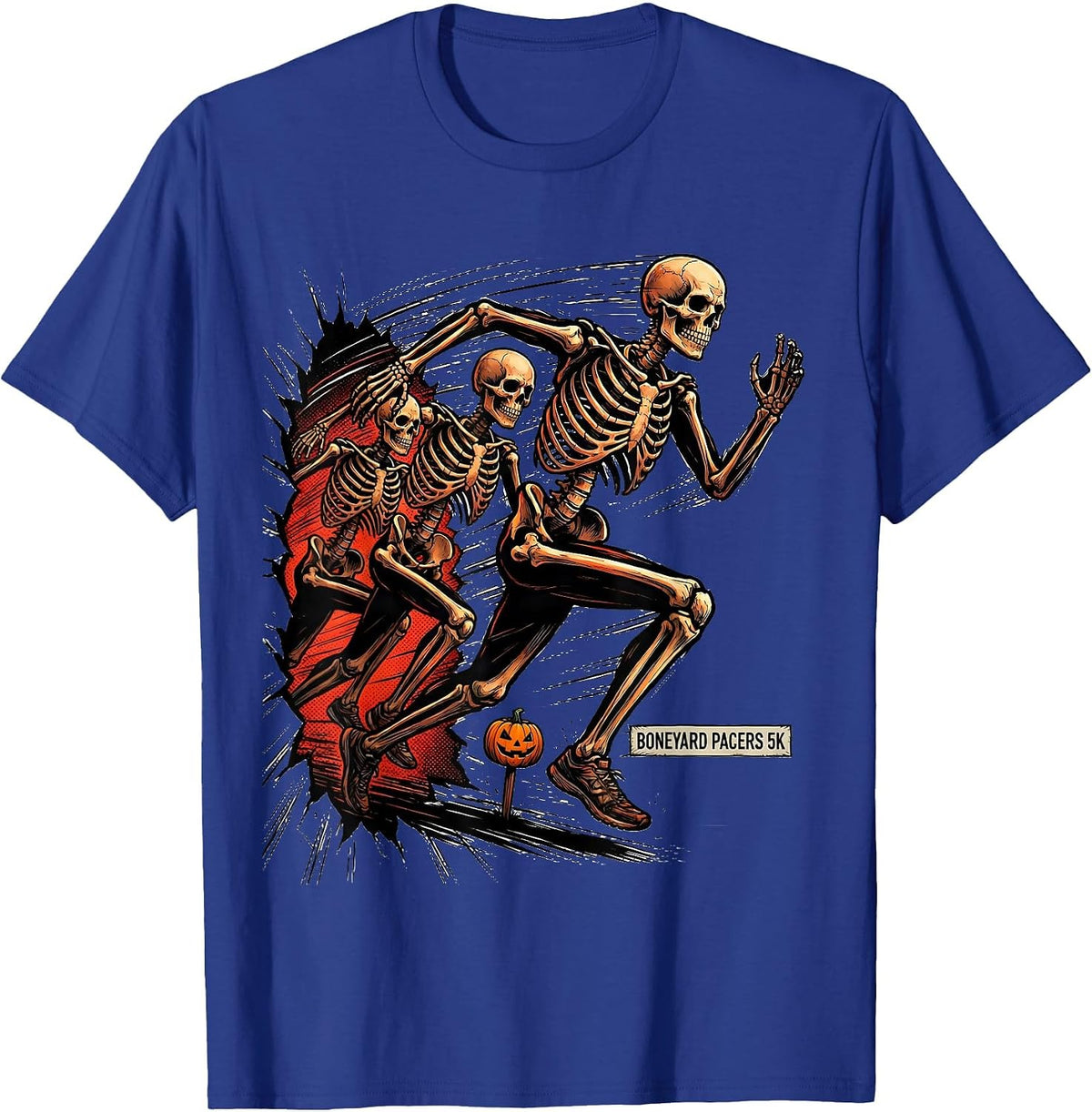 Men's Boneyard Pacers 5K Comic Book Skeleton Runner Halloween Fun T-Shirt - Royal Blue