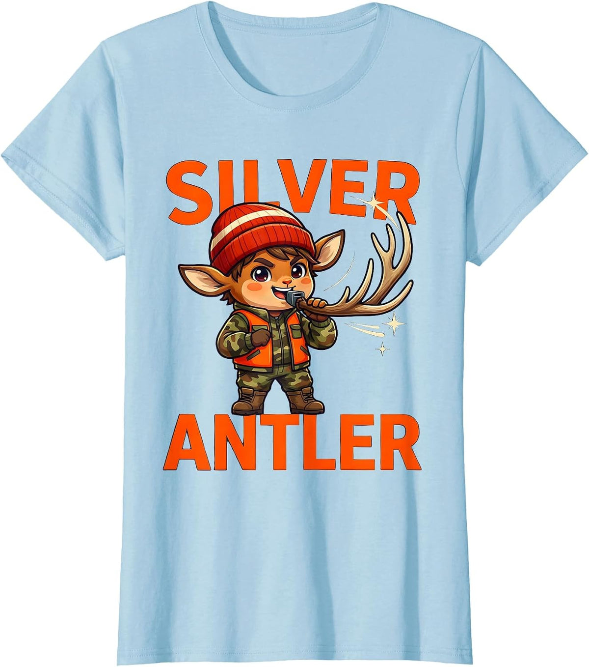 Women's SILVER ANTLER Funny Whitetail Deer Hunter Christmas T-Shirt - Baby Blue