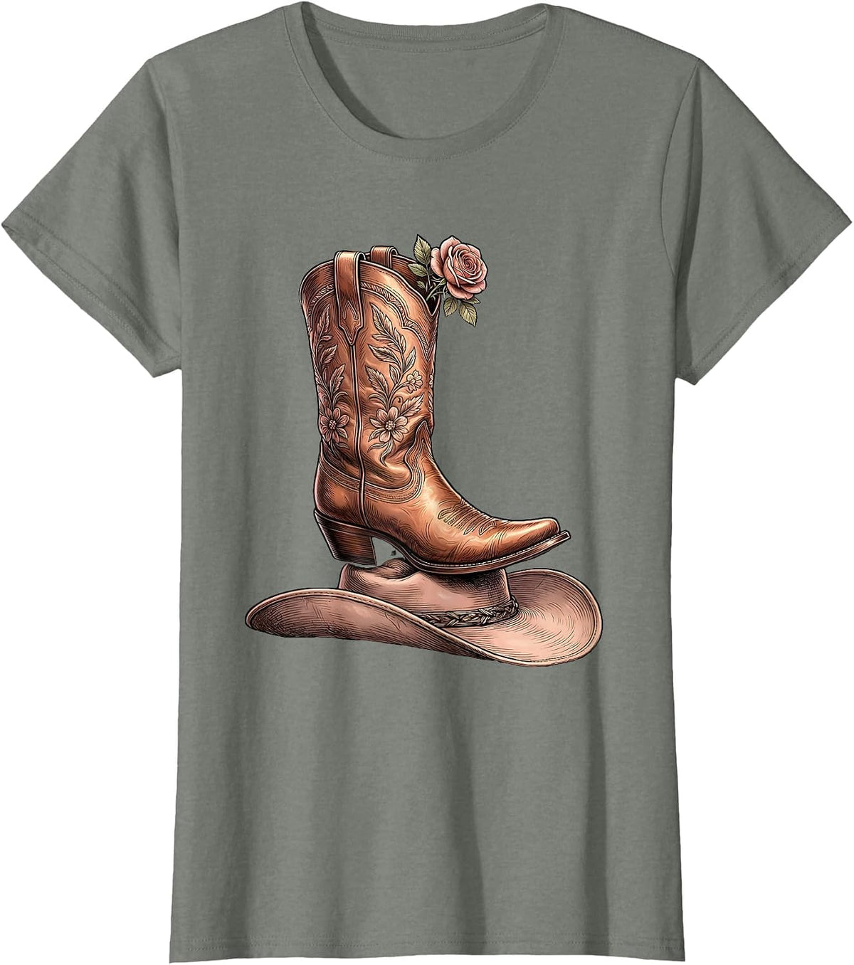 Women's Cowgirl Boots on Cowboy Hat Bold Western Design T-Shirt - Olive Heather