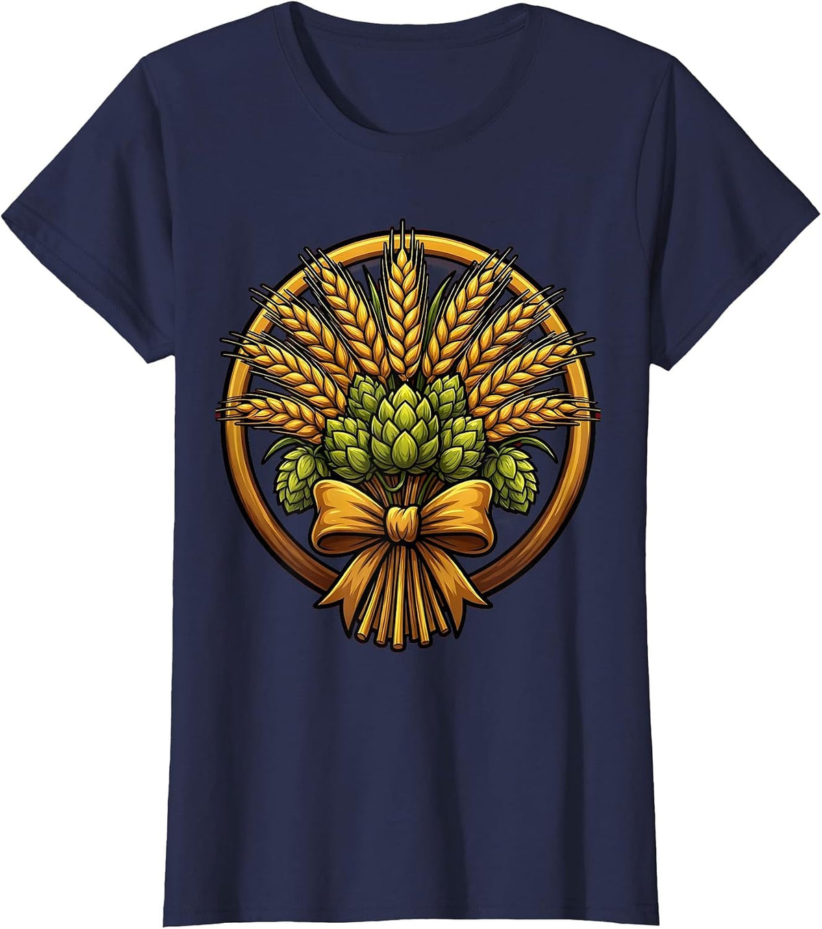 Women's Wheat Sheaf and Hops Prost Harvest Illustration T-Shirt - Navy Blue