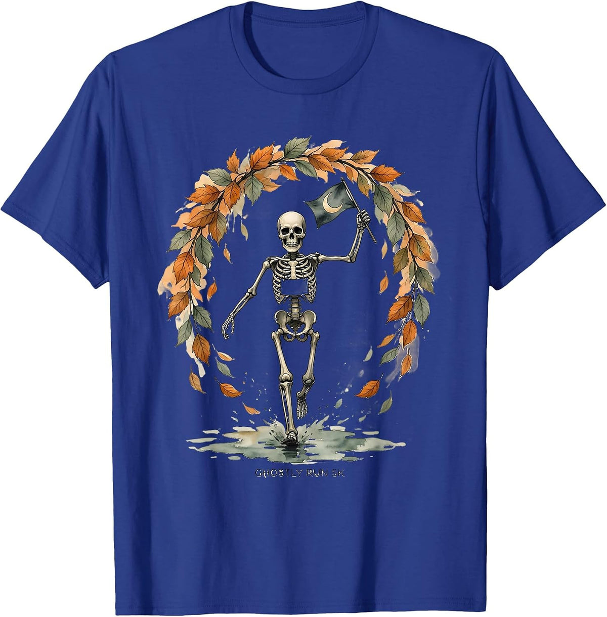 Men's Ghostly Run 5K Watercolor Skeleton Runner Halloween Fun Run T-Shirt - Royal Blue