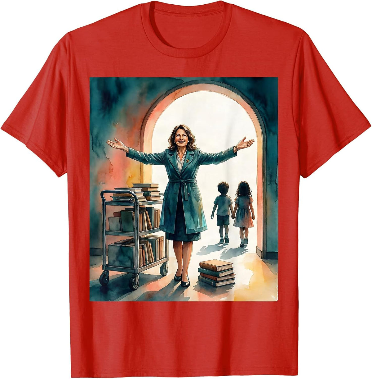 Men's School Librarian Watercolor Teacher Appreciation T-Shirt - Red