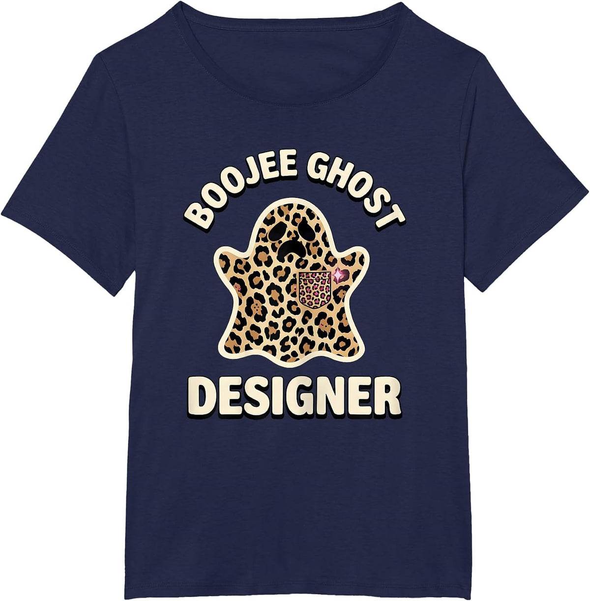 Women's Boojee Ghost Designer Leopard Glam Halloween Party T-Shirt - Navy Blue
