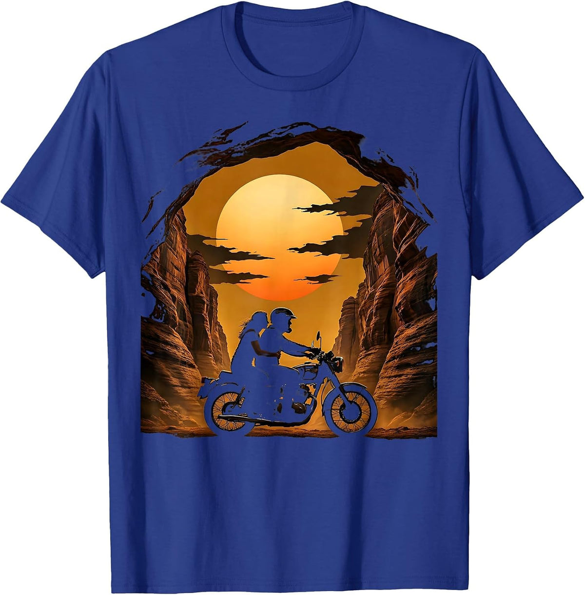 Men's Couple Motorcycle Desert Canyon Sunset Graphic T-Shirt - Royal Blue