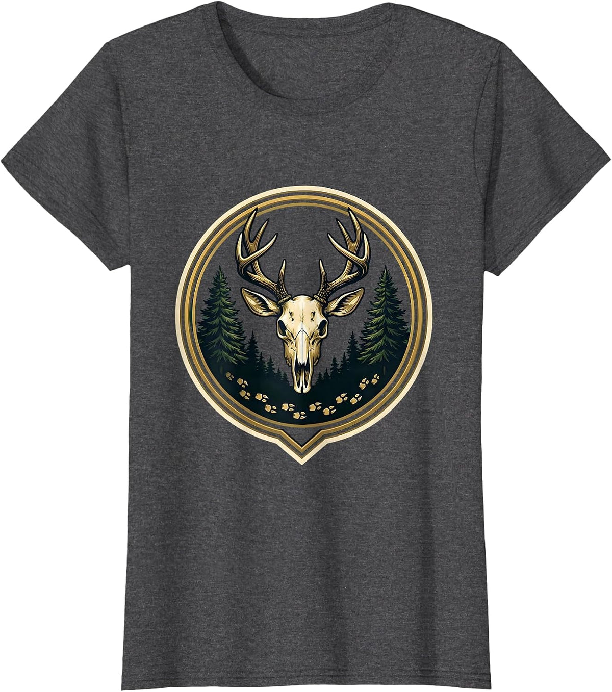Women's Deer Tracks Into Dark Forest Hunting Design T-Shirt - Dark Heather Grey
