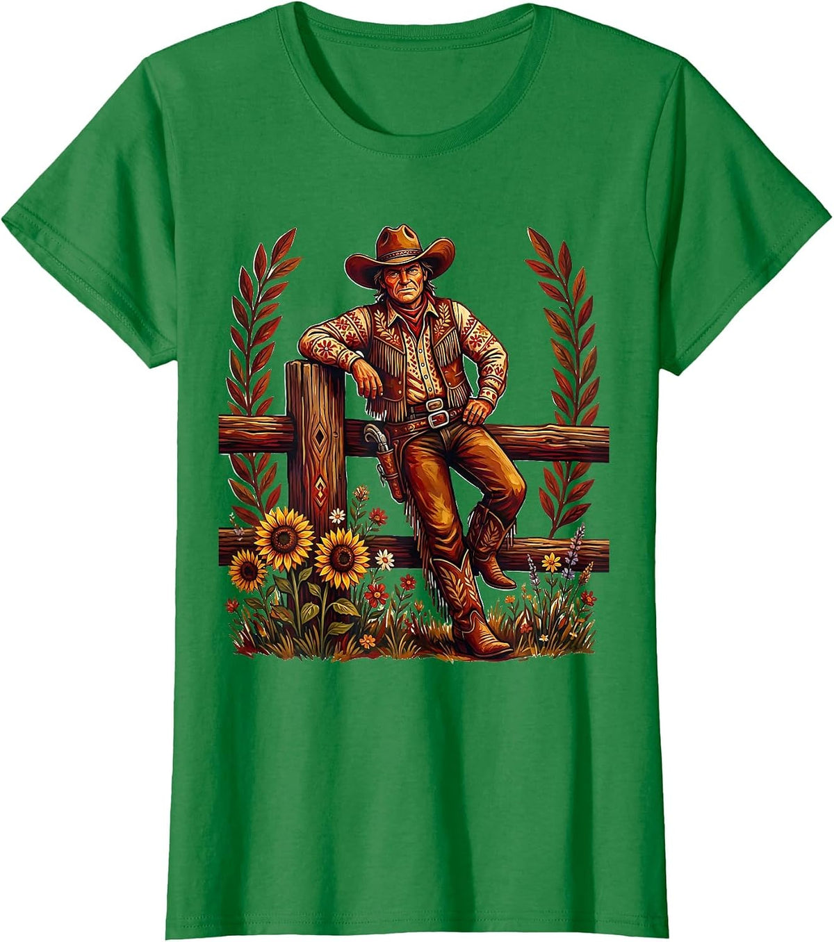 Women's Cowgirl Leaning on Fence Post Illustration T-Shirt - Kelly Green