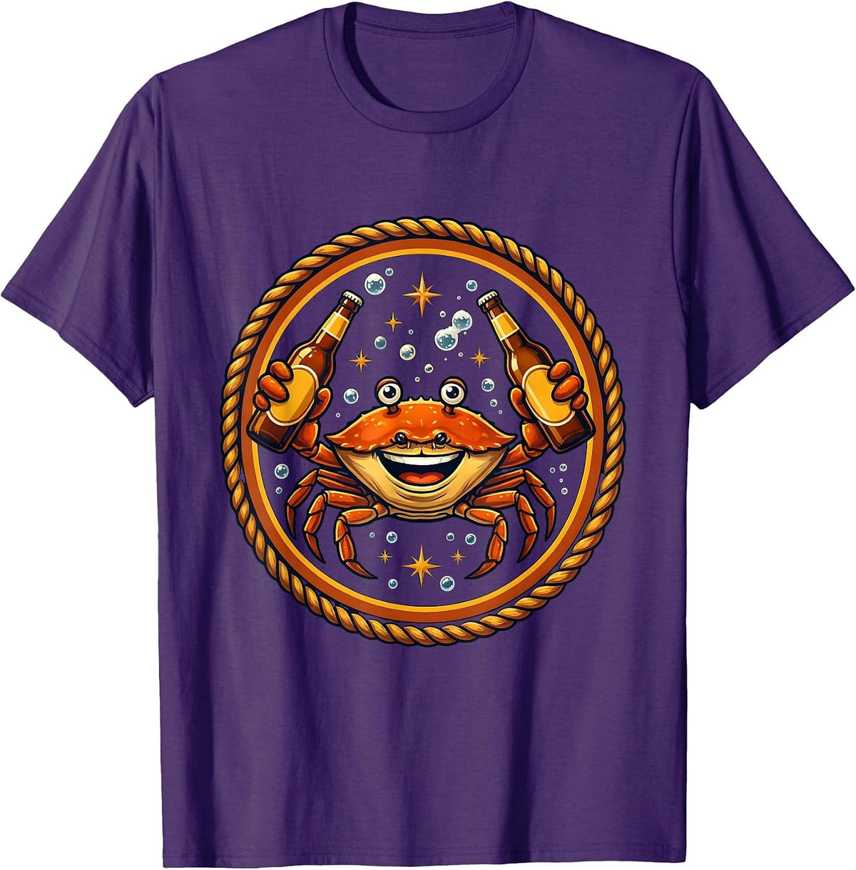 Men's Happy Hour Crab Holding a Cold Beer Illustration T-Shirt - Purple