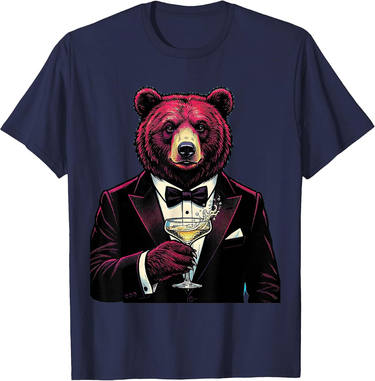 Fancy Bear in Tuxedo Champagne Toast Design T-Shirt - Navy Blue