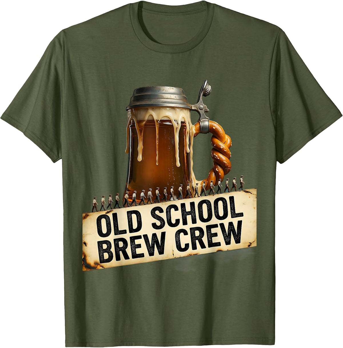 Old School Brew Crew Vintage Beer Design T-Shirt - Olive Green