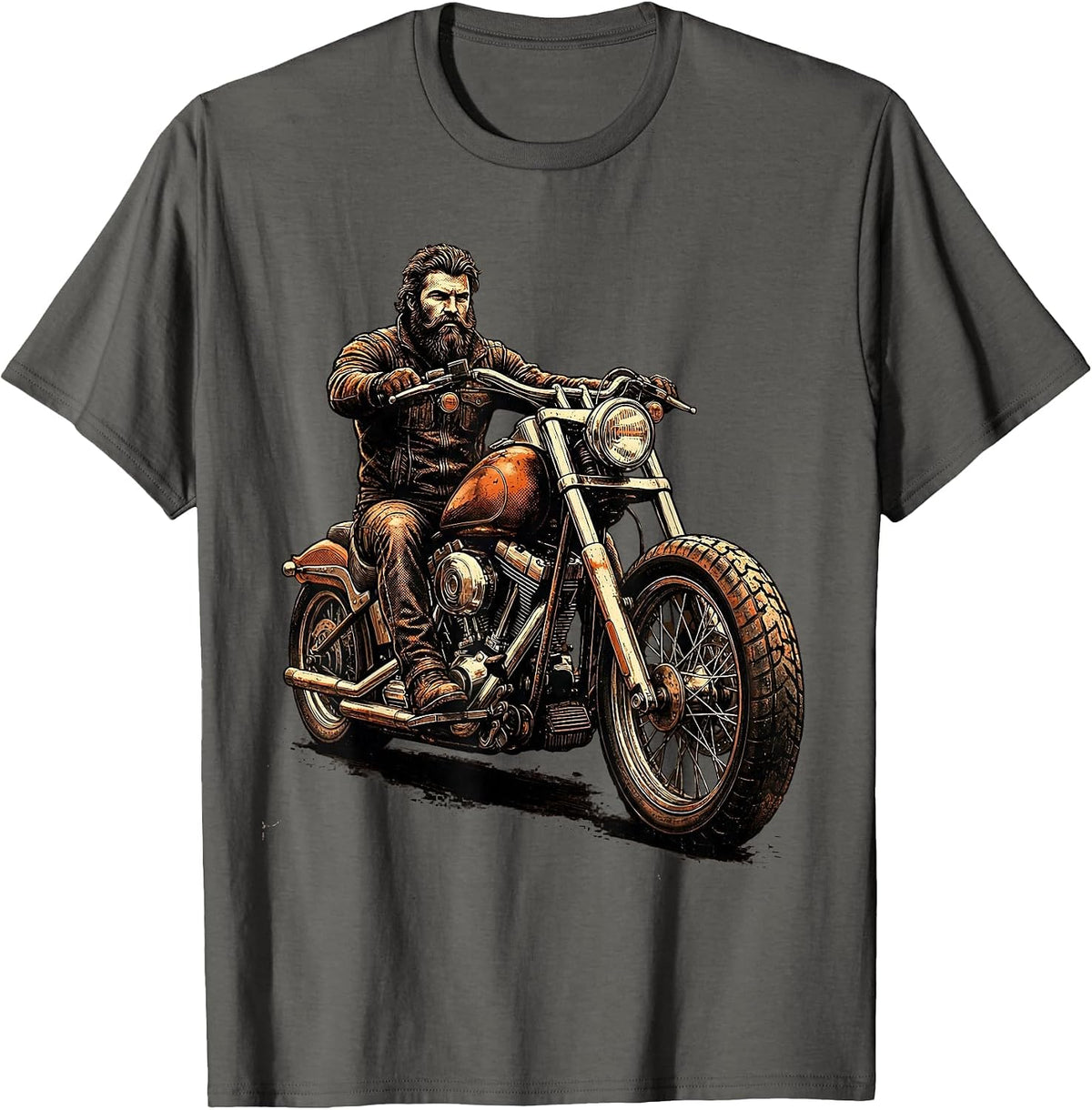 Men's Vintage Bearded Biker Chopper Motorcycle Graphic T-Shirt - Asphalt Grey