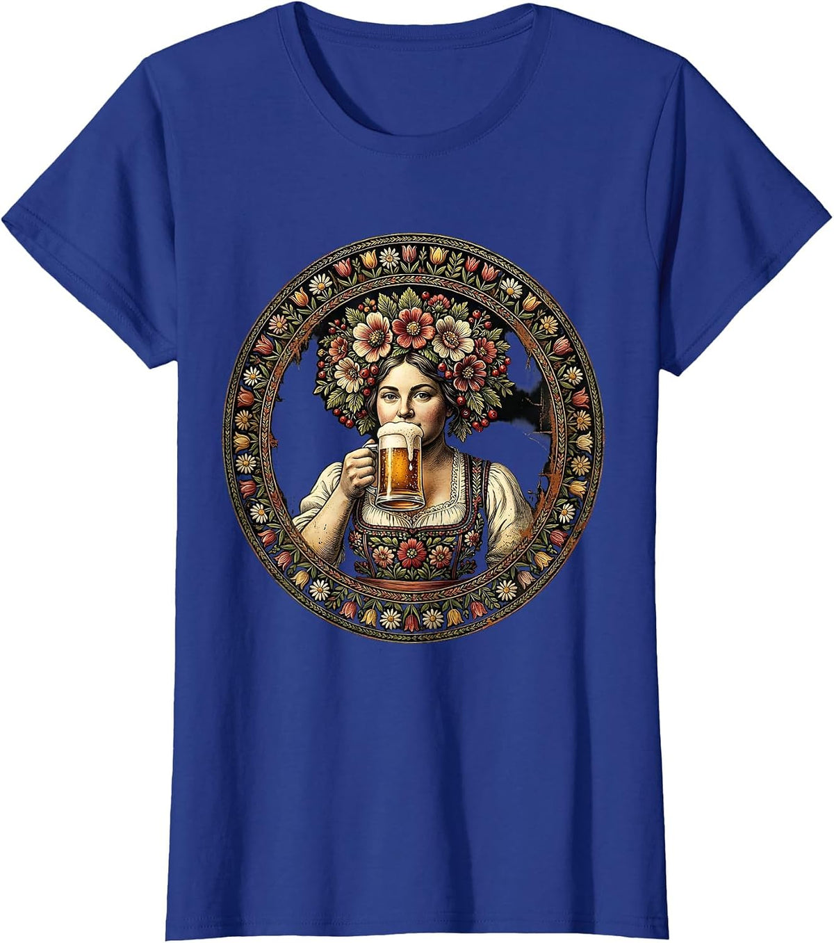 Women's Oktoberfest Floral Crown Beer Sipping Illustration T-Shirt - Royal Blue