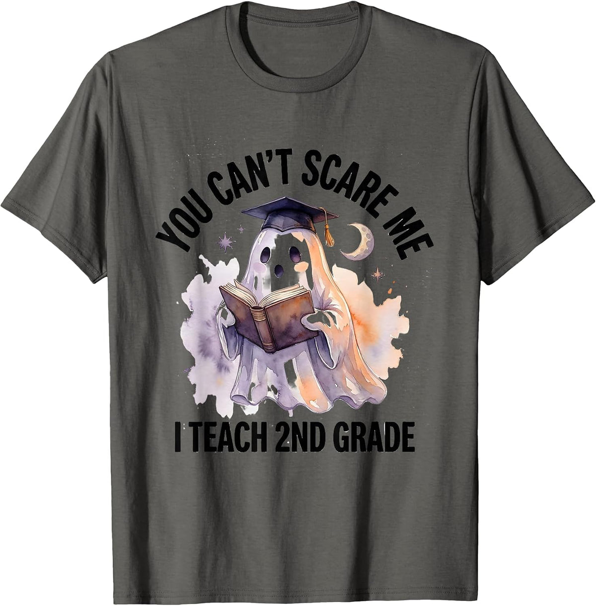 You Can't Scare Me I Teach 2nd Grade Groovy Ghost Teacher T-Shirt - Asphalt Grey