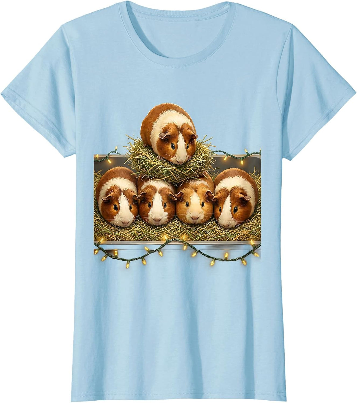 Women's Guinea Pig Christmas Lights Pet Lover Holiday Humor T-Shirt - Baby Blue