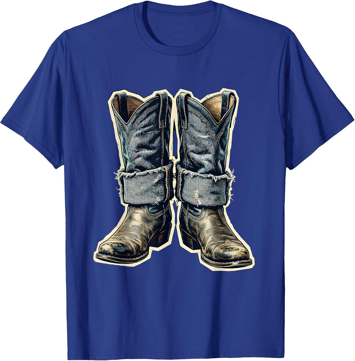 Denim Cowgirl Boots Western Graphic Tee T-Shirt - Royal Blue