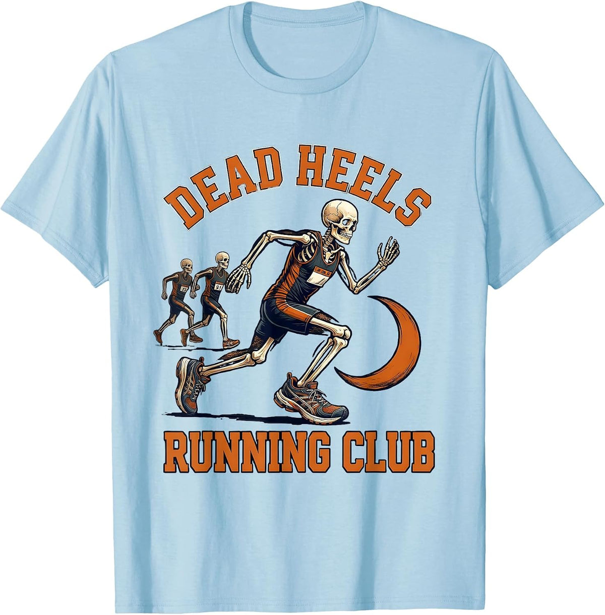 Men's Dead Heels Running Club Funny Skeleton Halloween Runner T-Shirt - Baby Blue