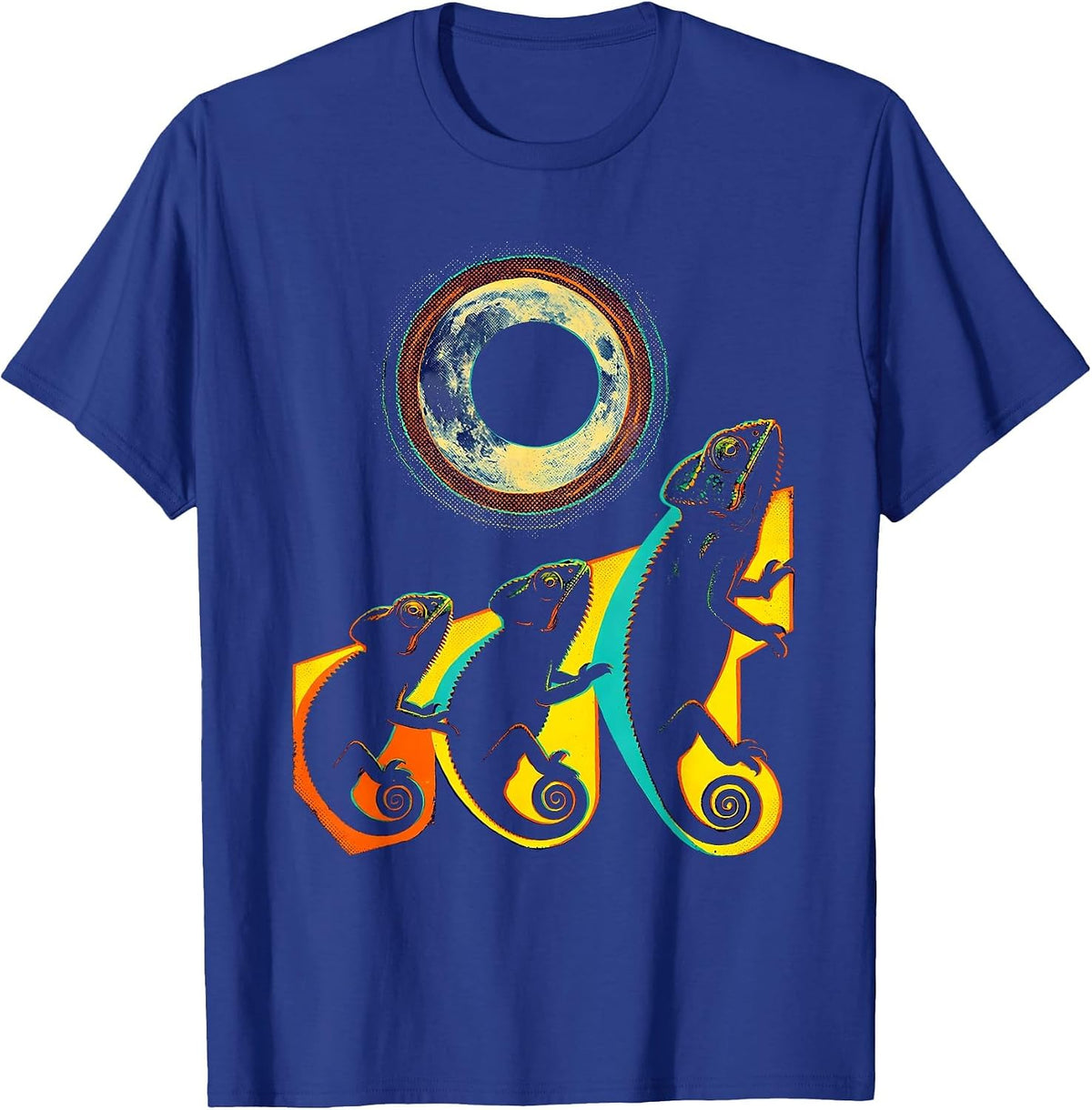 Three Chameleons Gaze at Moon Risograph Meme Parody T-Shirt - Royal Blue