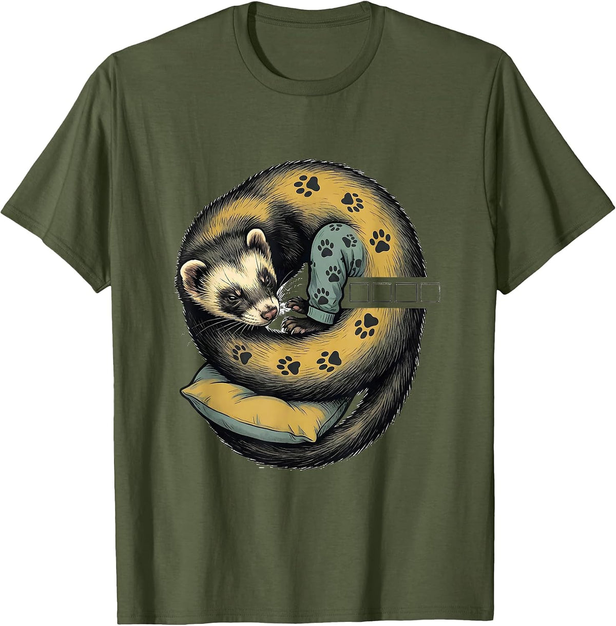 Men's Sleepy Ferret Midcentury Modern Cozy Pet Portrait T-Shirt - Olive Green
