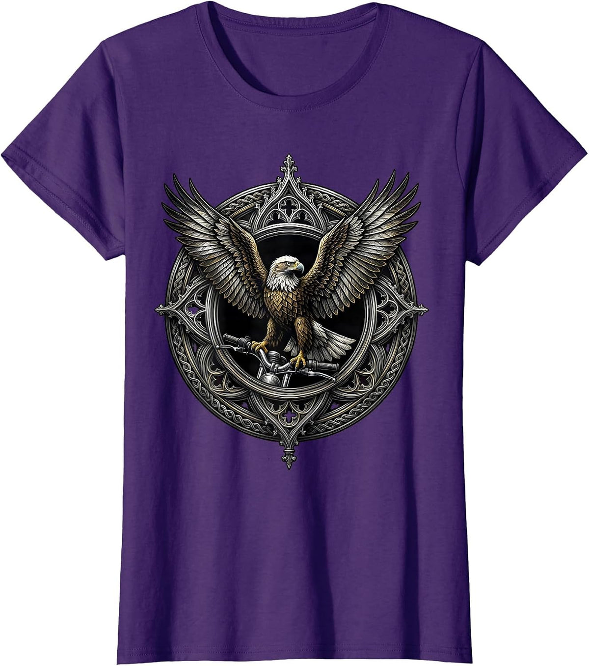 Women's Eagle on Chrome Motorcycle Handlebar Biker Graphic T-Shirt - Purple