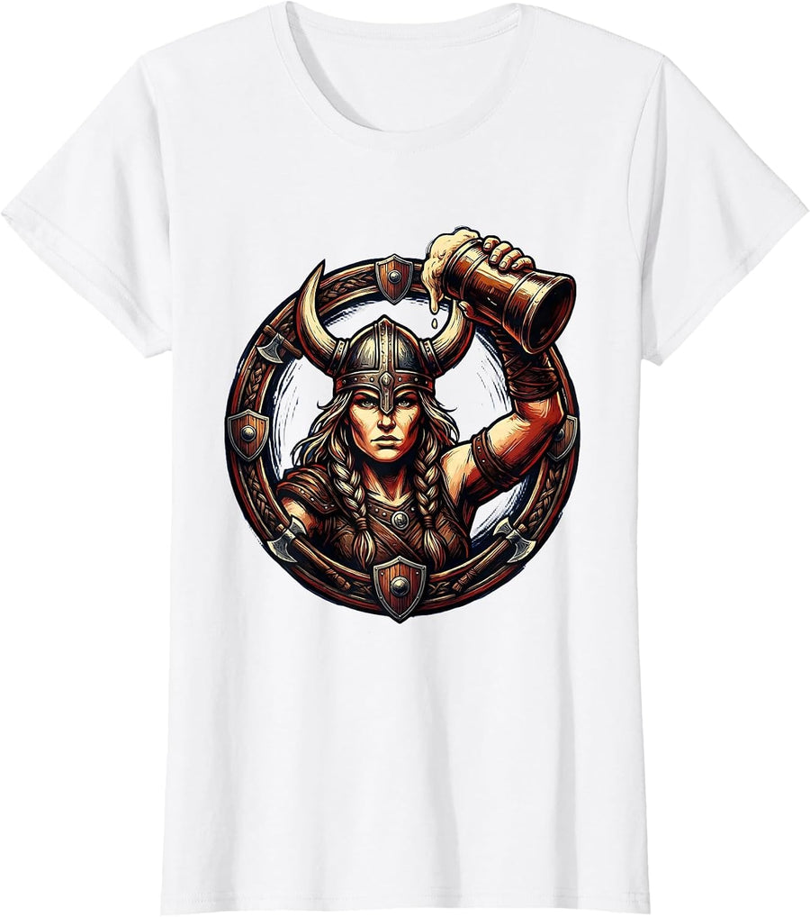 Women's Viking Warrior Raising Horn of Ale Graphic T-Shirt - White