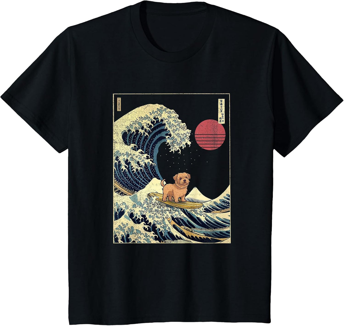 Norfolk Terrier Japanese Kanagawa Wave Funny Surf Dog T-Shirt - Black
