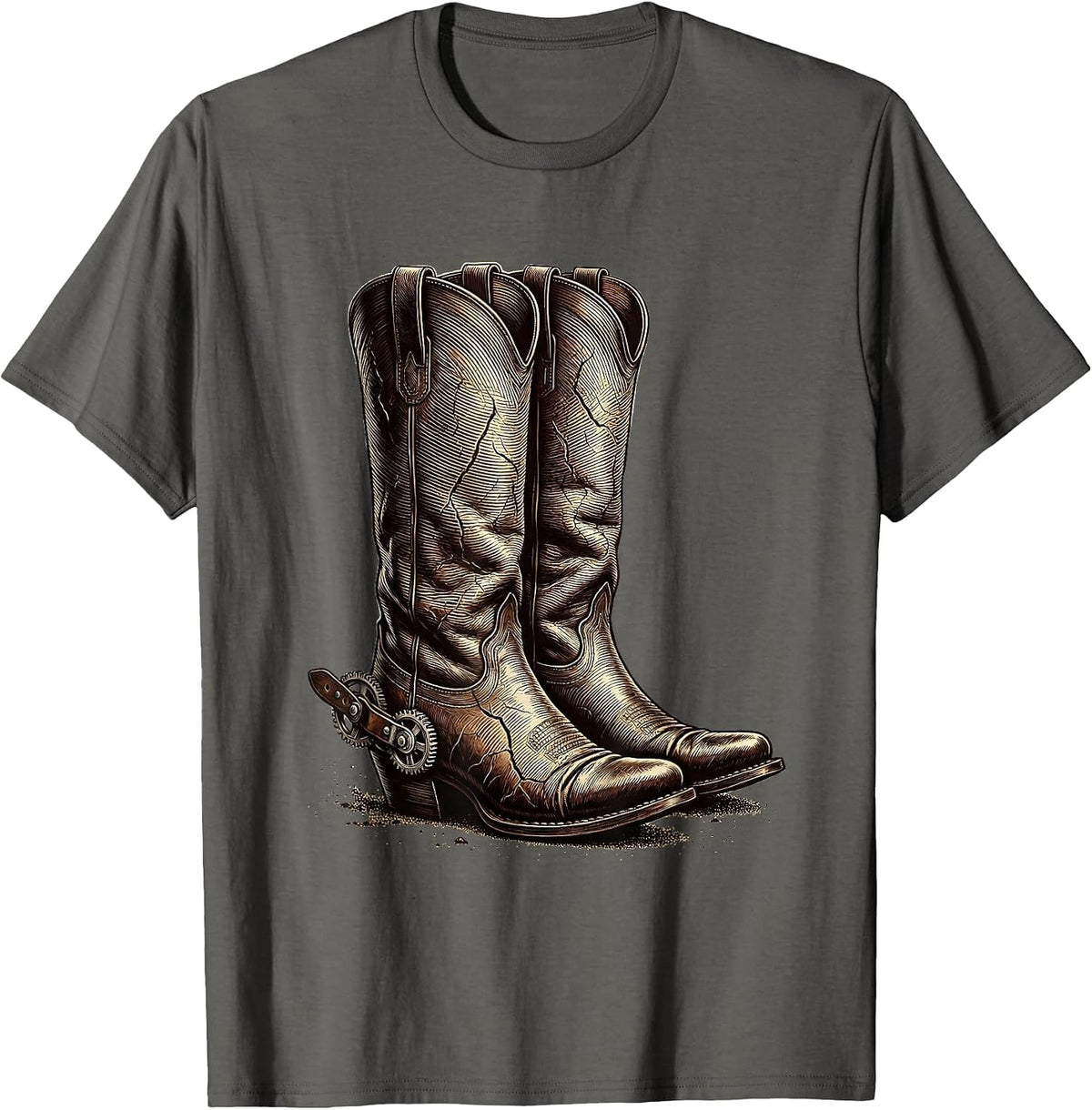 Worn Cowboy Boots With Spurs Dusty Western Art T-Shirt - Asphalt Grey