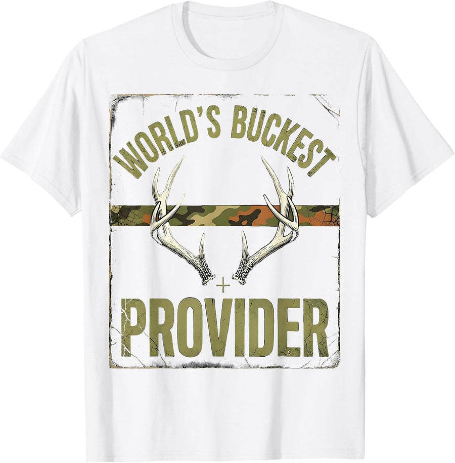 Men's World's Buckest Provider Distressed Deer Hunting Camo Dad T-Shirt - White