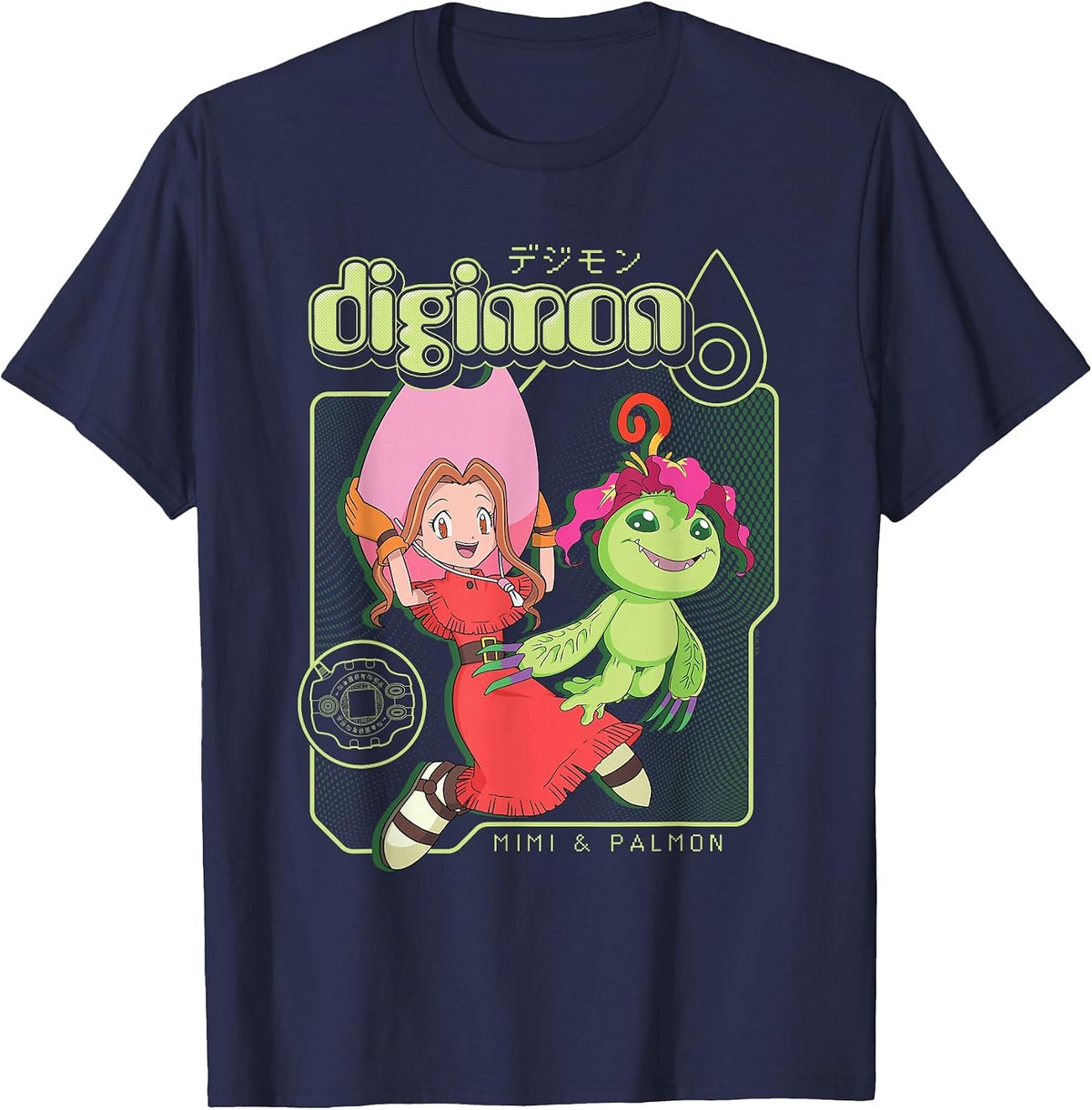 Digimon Mimi and Palmon Y2K Frame Digital Monsters T-Shirt - Navy Blue