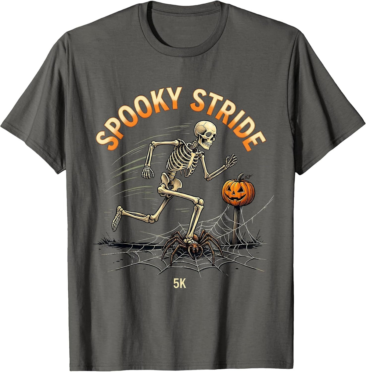 Men's Spooky Stride 5K Funny Skeleton Halloween Run Costume T-Shirt - Asphalt Grey