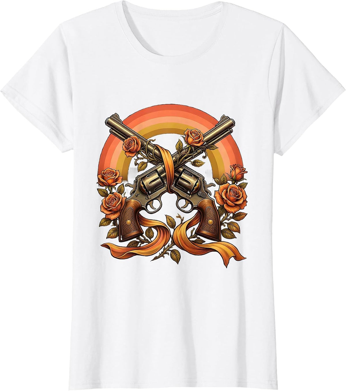 Crossed Revolvers Roses and Ribbon Cowboy Design T-Shirt - White