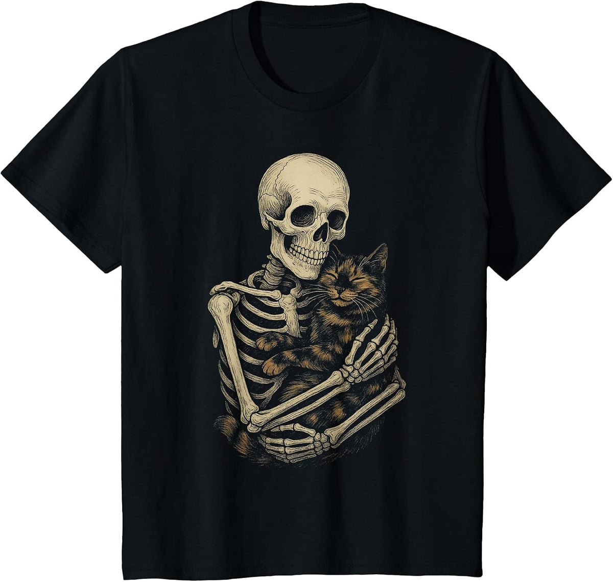 Skeleton Hugging Tortoiseshell Cat Funny Halloween T-Shirt - Black