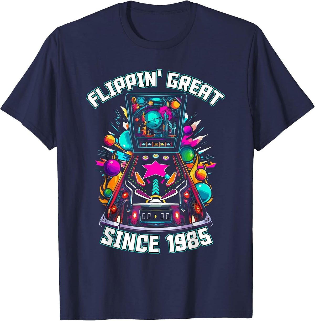 Retro Pinball Machine 1985 Birthday Tee T-Shirt - Navy Blue