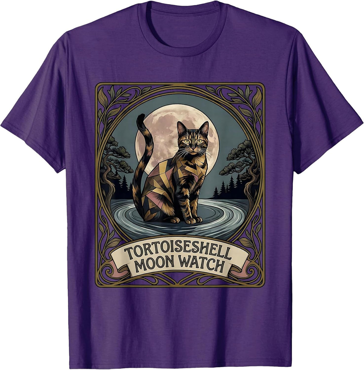 Tortoiseshell Moon Watch Art Nouveau 90s Retro Cat Lover T-Shirt - Purple