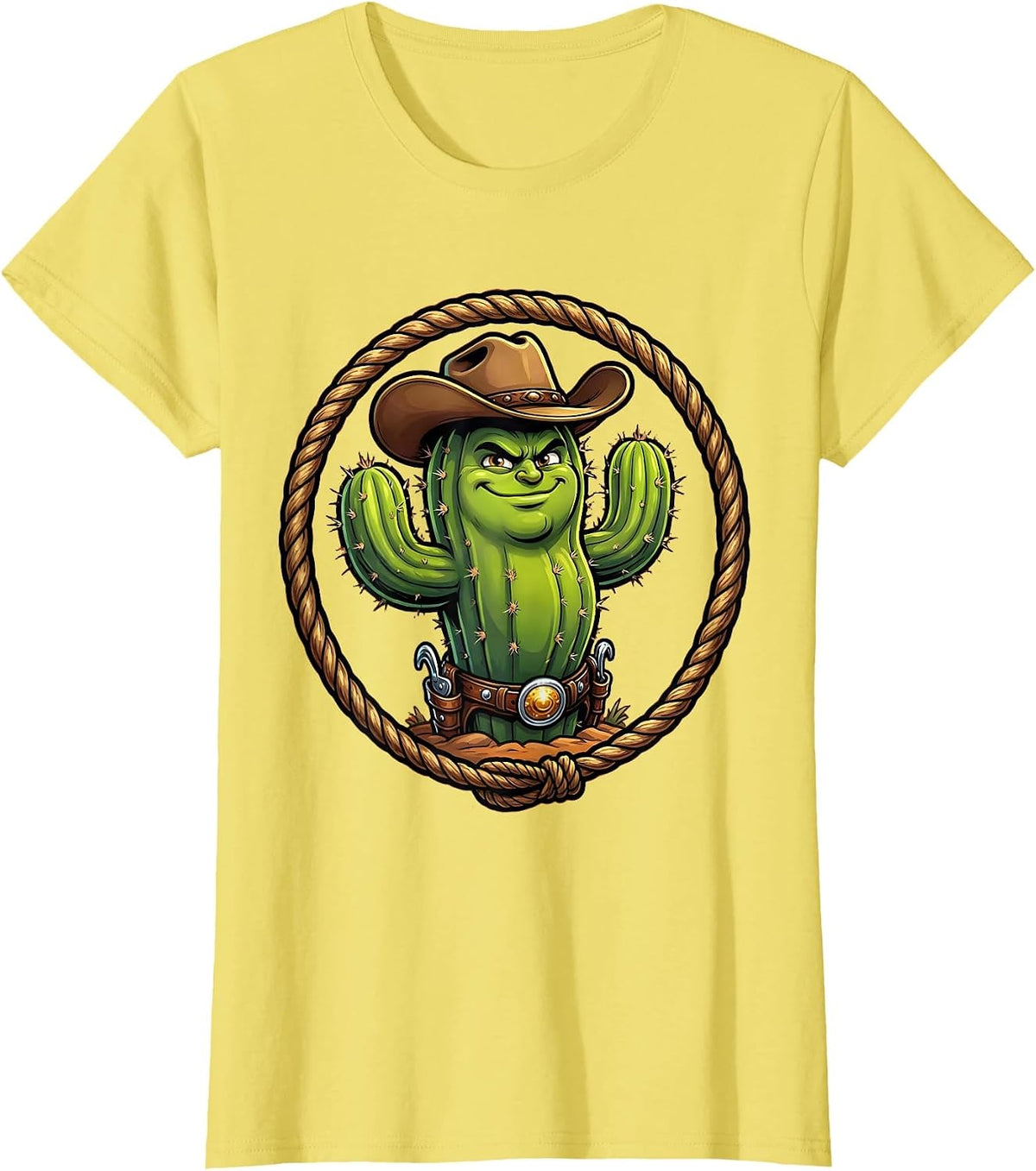 Cactus Cowboy Hat and Spurs Western Illustration T-Shirt - Lemon Yellow