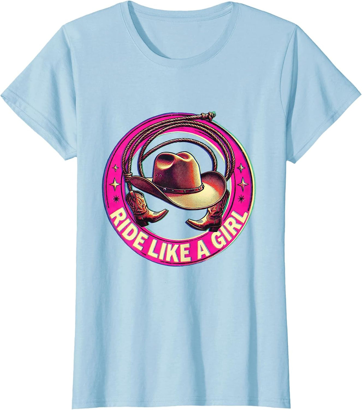 Women's Ride Like a Girl Pink Cowgirl Design T-Shirt - Baby Blue