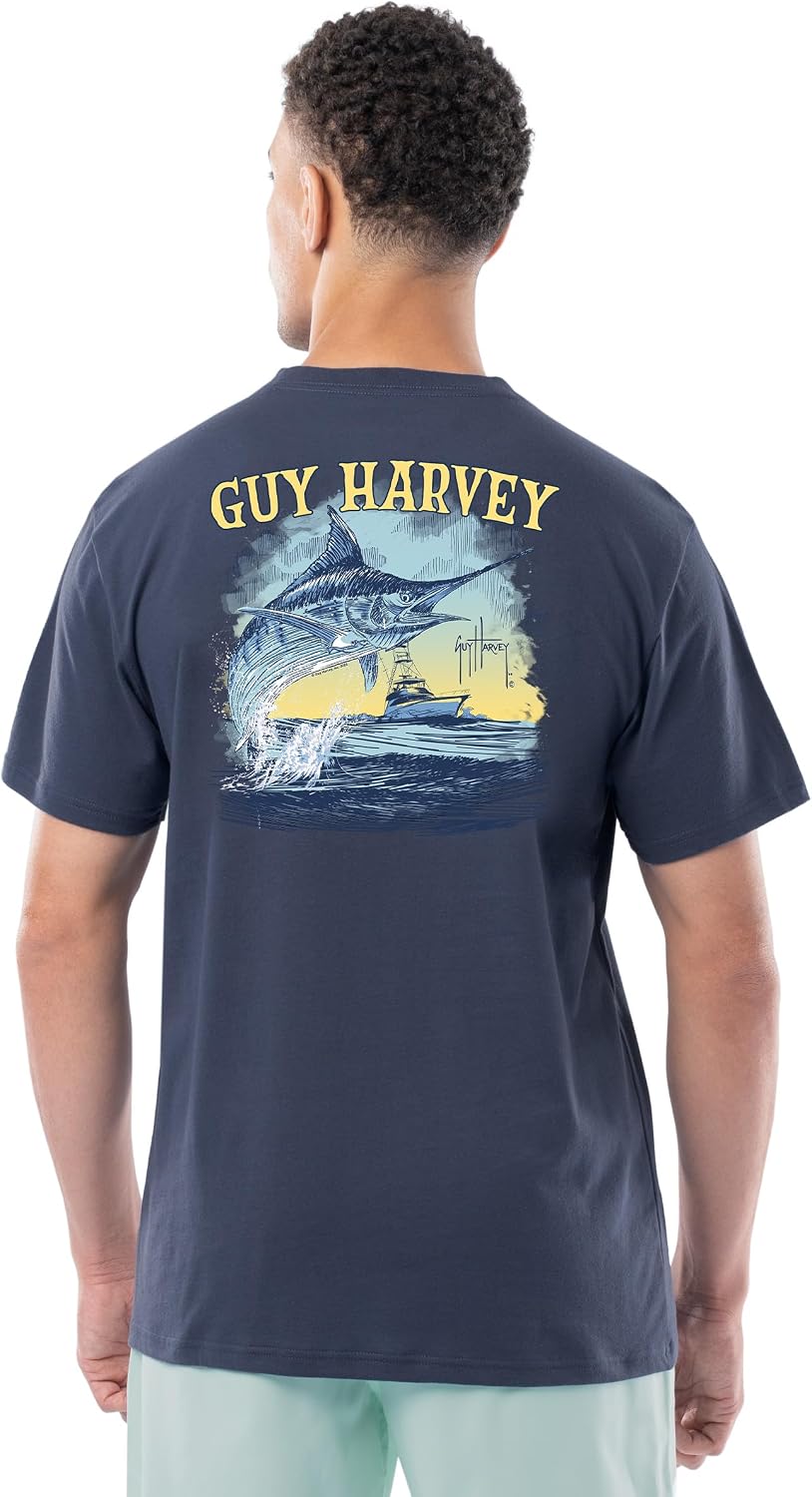 Guy Harvey Men’s Short Sleeve Lightweight Cotton Graphic Pocket T-Shirt - Crown Blue\/Sketchy Blue