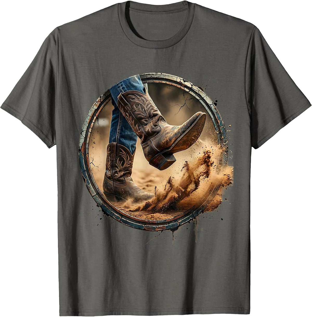 Denim Cowgirl Boots Mid-Kick Dust Cloud Graphic T-Shirt - Asphalt Grey