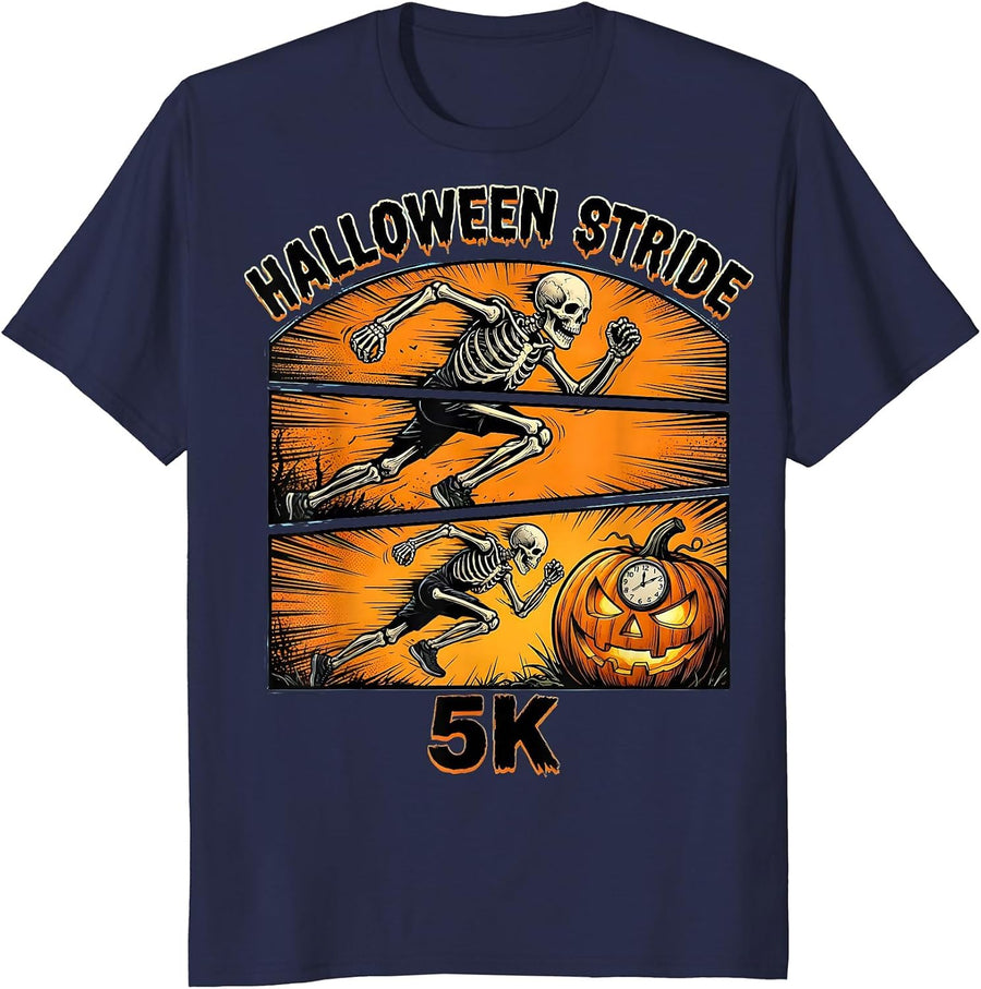 Halloween Stride 5K Comic Book Skeleton Runner Race Matching T-Shirt - Navy Blue