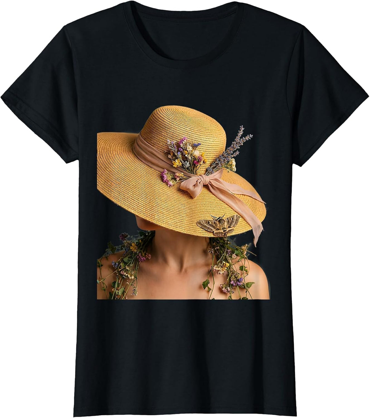 Oversized Sun Hat Mimi Illustration T-Shirt - Black