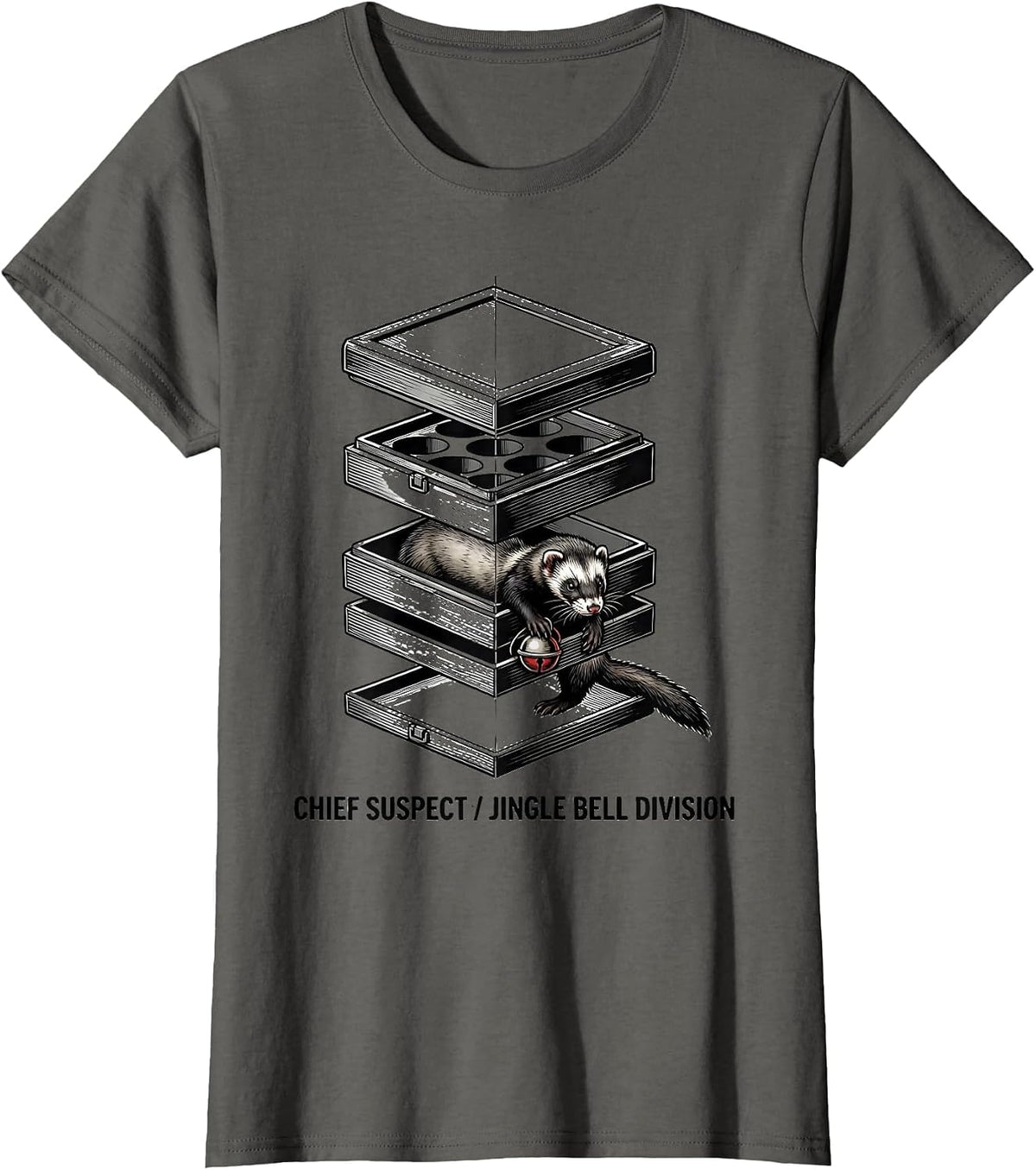 Women's Chief Suspect Jingle Bell Division Funny Ferret Lover Gift T-Shirt - Asphalt Grey