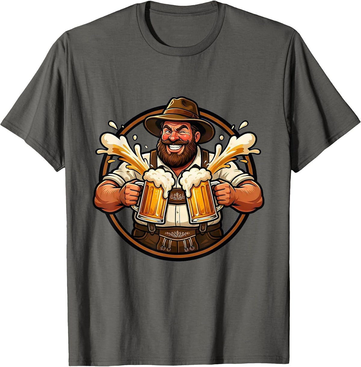 Men's Oktoberfest Bearded Lederhosen Beer Stein Clinking T-Shirt - Asphalt Grey
