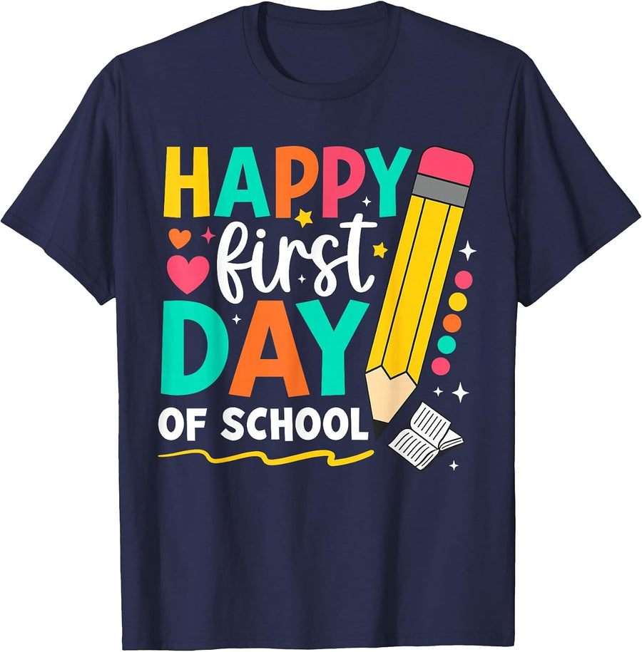 Happy First Day of School Teacher Kids Back to School T-Shirt - Navy Blue
