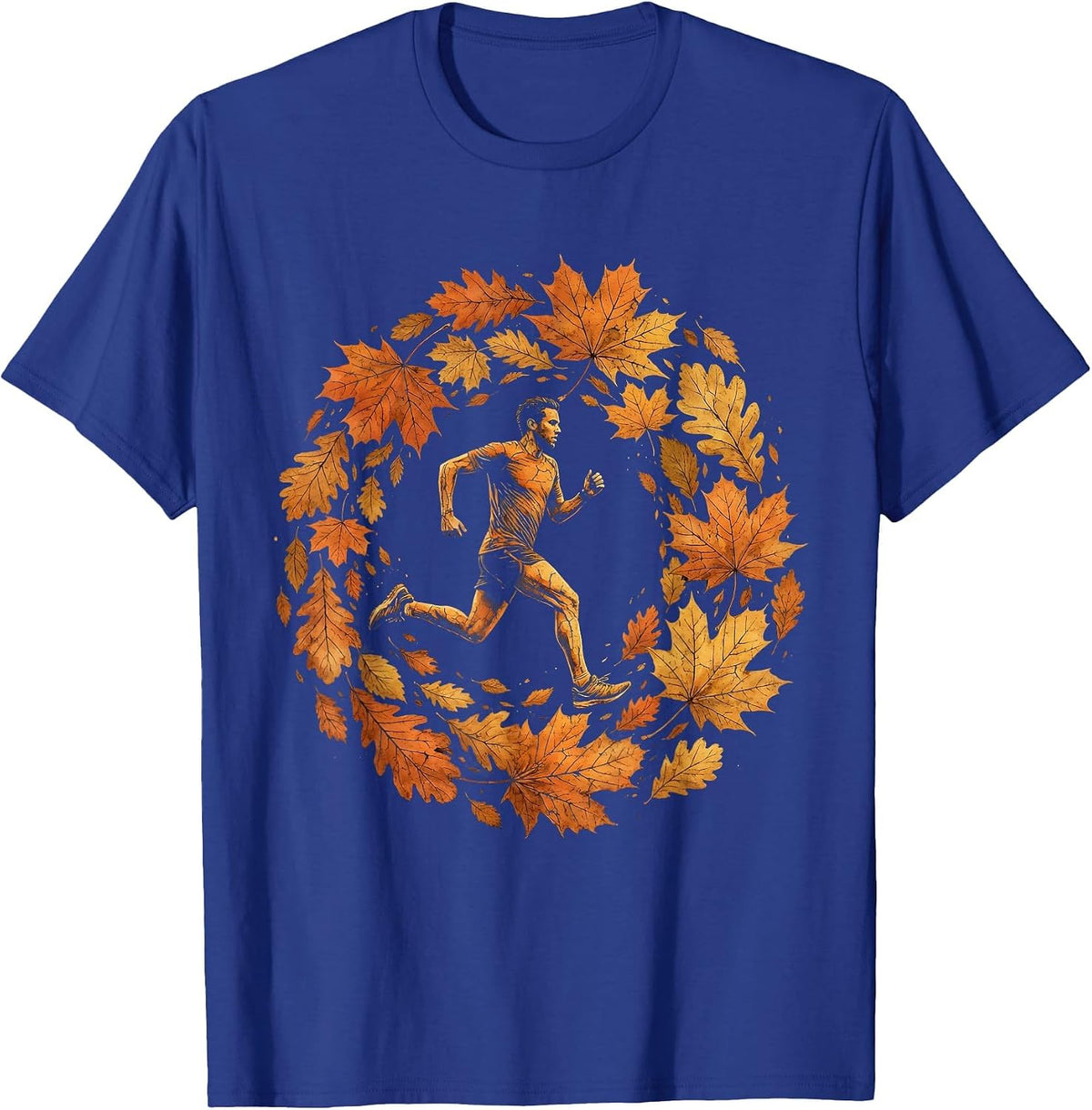 Men's Runner Silhouette Falling Autumn Leaves Design T-Shirt - Royal Blue