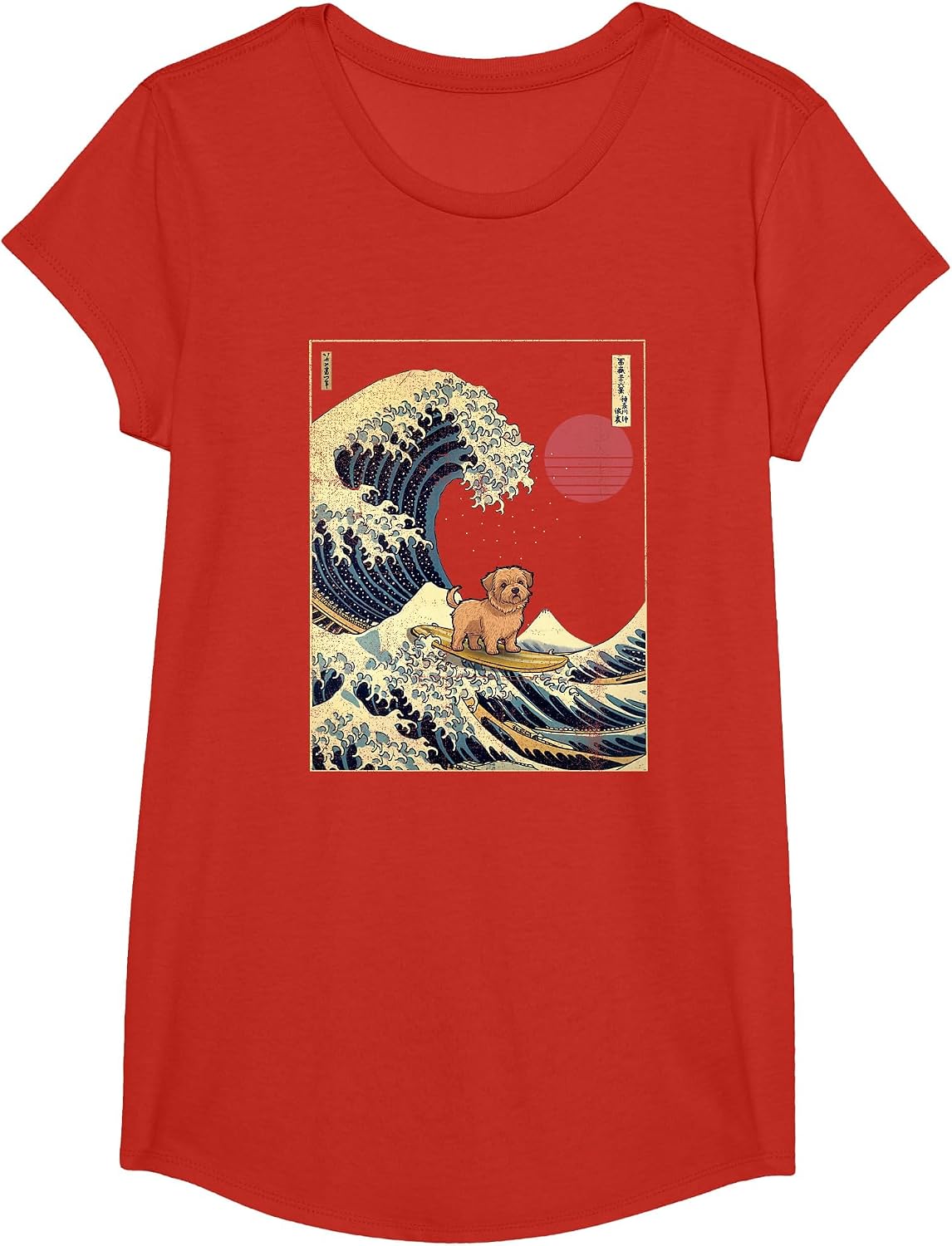 Norfolk Terrier Japanese Kanagawa Wave Funny Surf Dog T-Shirt - Girls Red