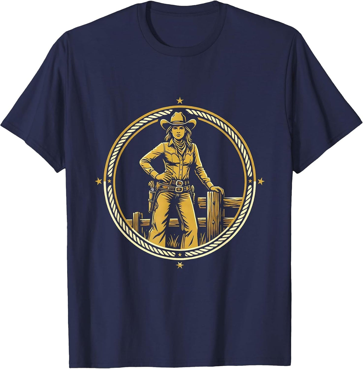 Sassy Cowgirl Leaning on Fence Post Graphic T-Shirt - Navy Blue