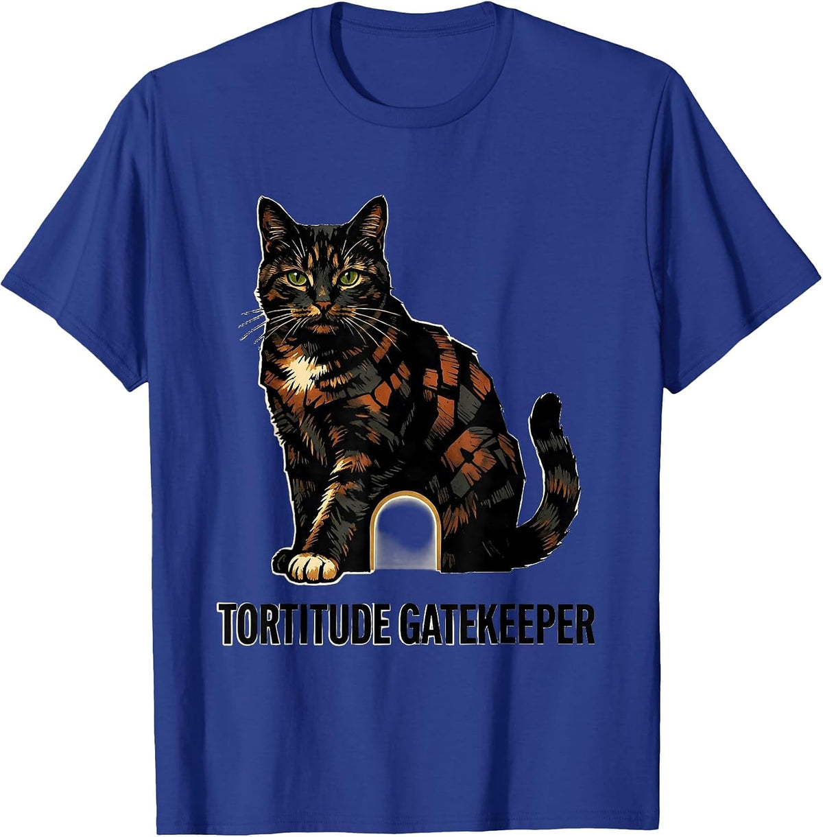 Tortitude Gatekeeper Linocut Tortoiseshell Cat Owner Humor T-Shirt - Royal Blue