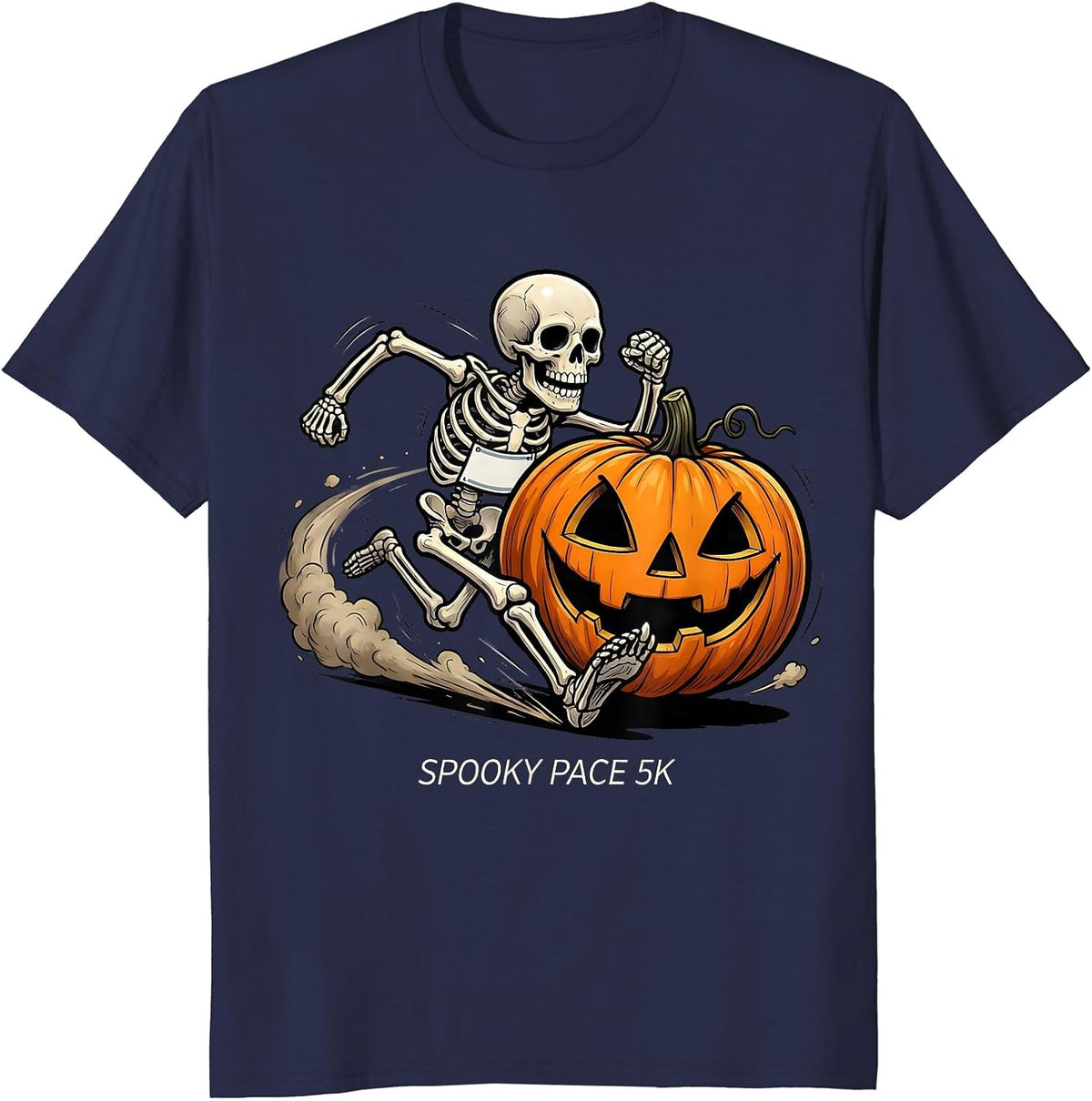 Spooky Pace 5K Cartoon Skeleton Runner Halloween Fun Run T-Shirt - Navy Blue