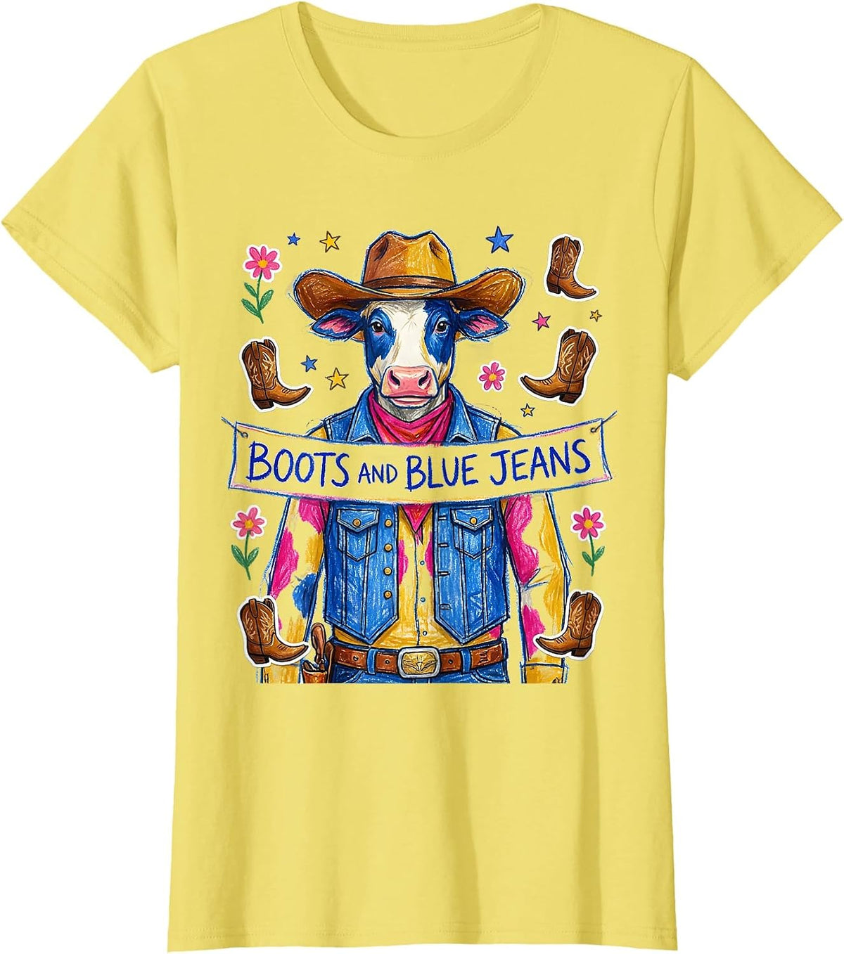 Boots and Blue Jeans Denim Cowgirl Design T-Shirt - Lemon Yellow