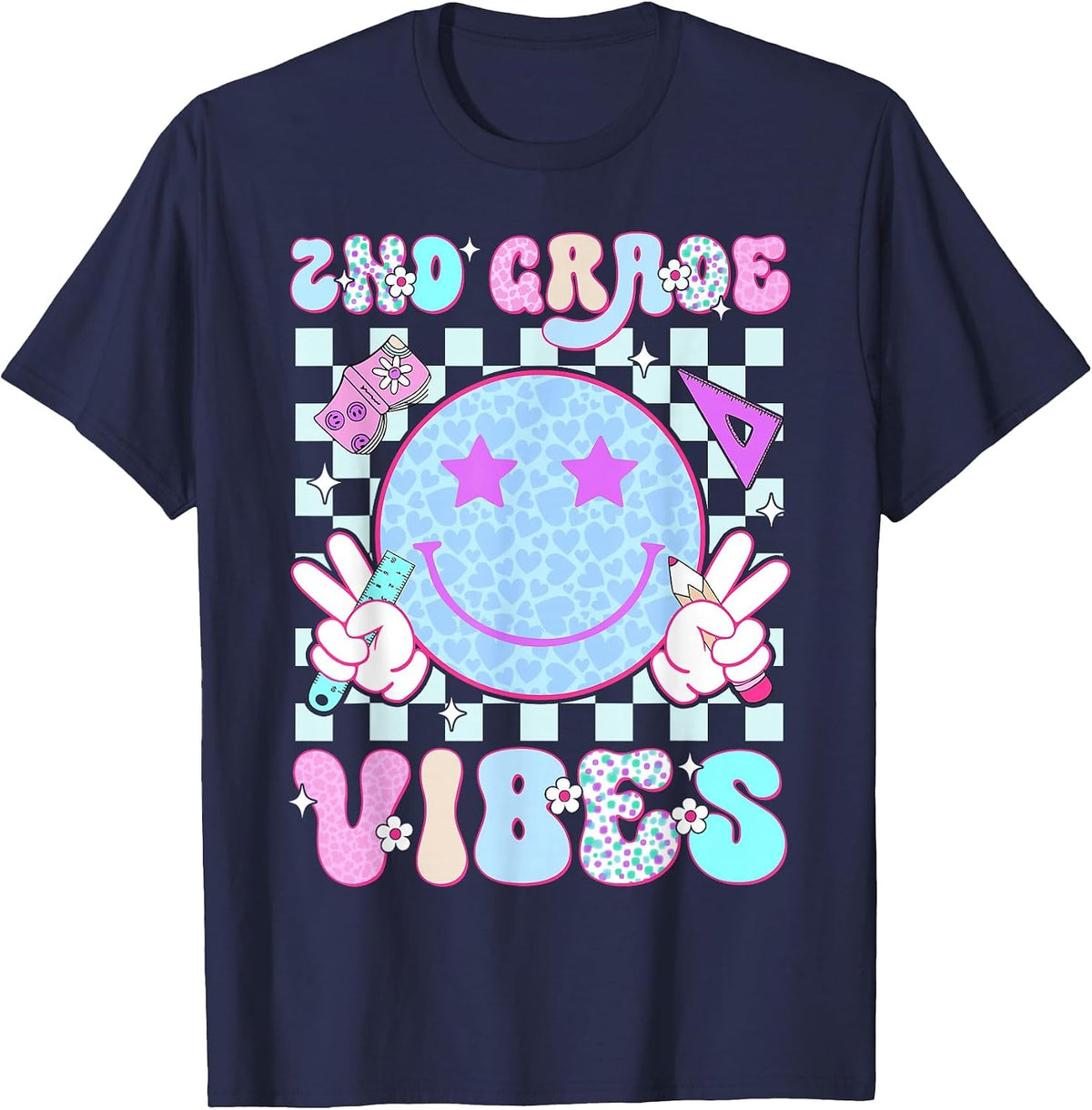2nd Second Grade Vibes Smile Face Back to School Girl T-Shirt - Navy Blue